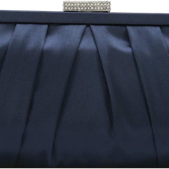 Pleated Satin Clutch Bag Elegant Diamante Detachable Chain for Wedding Prom - Picture 1 of 6